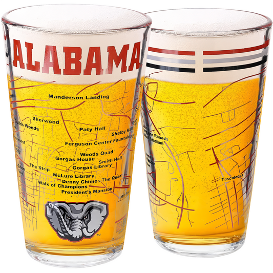 University of Alabama Pint Glasses - Full Color Alabama Logo & Campus Map Gift Idea College Grads and Alumni (Set of 2)