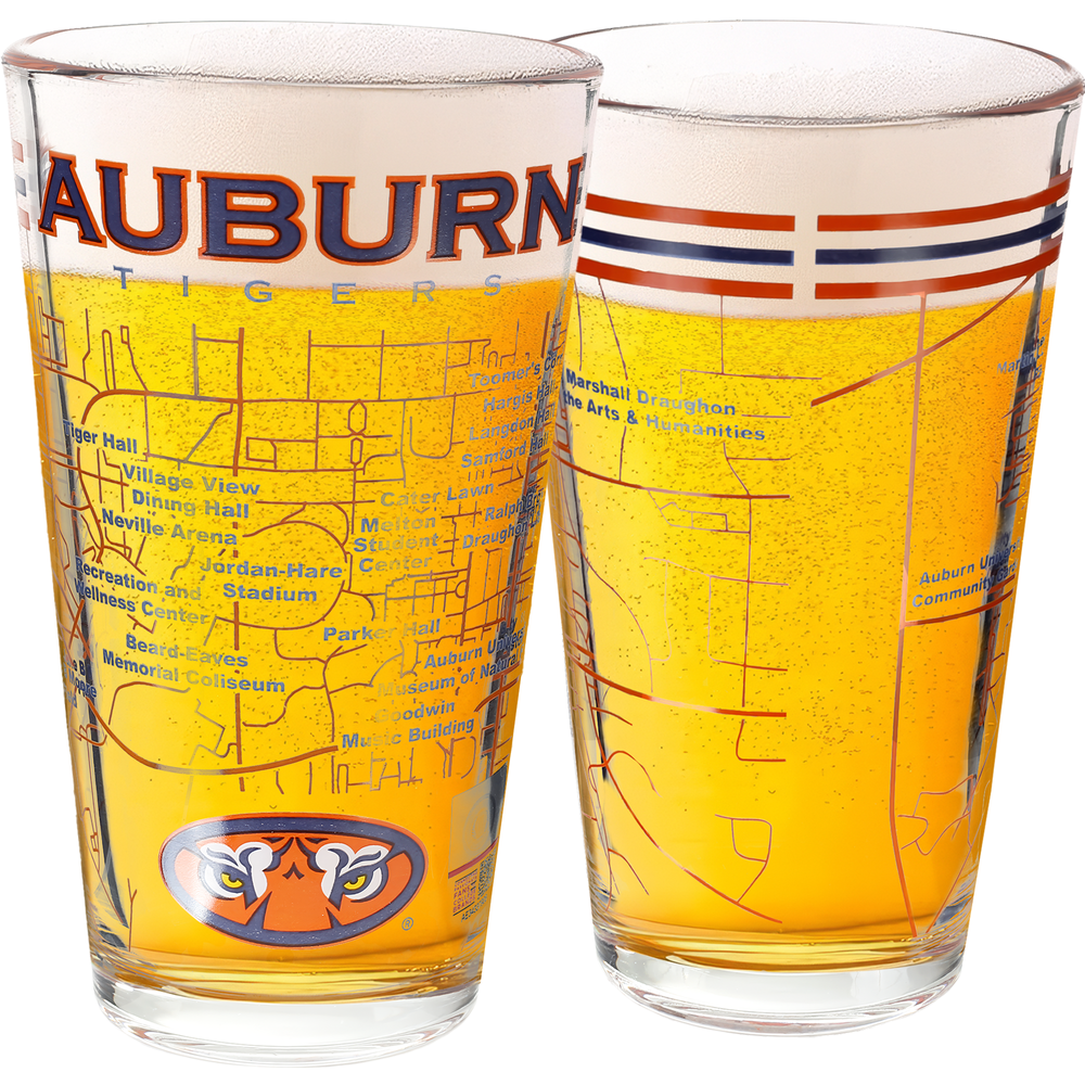Auburn University Pint Glasses - Full Color Tigers Logo & Campus Map - Auburn Tigers College Gift Idea Grads and Alumni (Set of 2)