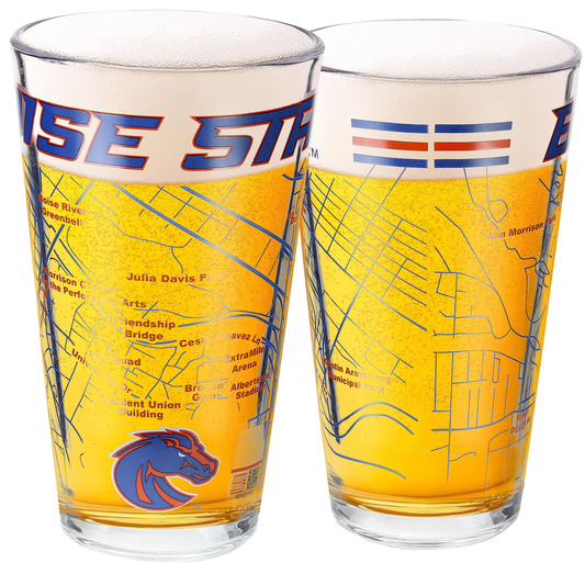 Boise State University Pint Glasses - Full Color Boise State Broncos Logo & Campus Map Gift Idea College Grads and Alumni (Set of 2)
