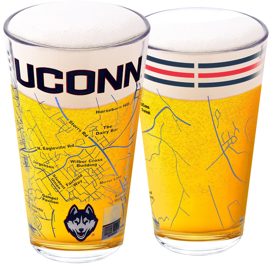 University of Connecticut Pint Glasses Contains Full Color Huskies Logo & Campus Map Gift Idea for Uconn College Grads and Alumni (Set of 2)