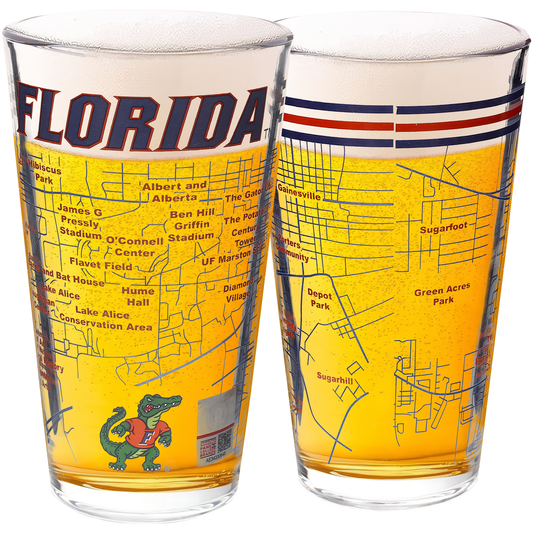 University of Florida Pint Glasses Contains Full Color Gators Logo & Campus Map Florida Gators Gift College Grads and Alumni (Set of 2)