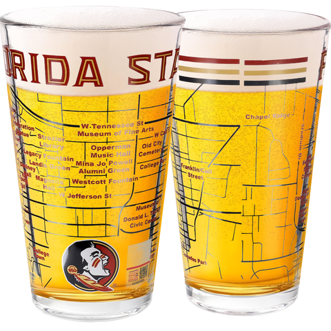Florida State University Seminoles College Pint Beer Glasses (Set of 2), 16 oz – Full-Color Logo + Campus Map