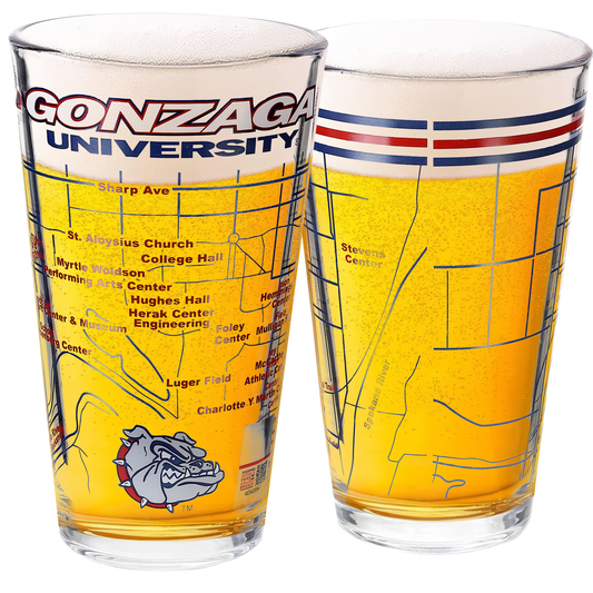 Gonzaga University Pint Glasses - Full Color Spike The Bulldog Logo and Campus Map Gonzaga College Grads and Alumni (Set of 2)