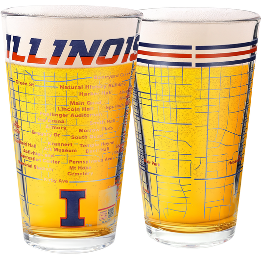 University of Illinois Pint Glasses - Contains Full Color Illinois Logo & Campus Map - Gift Idea College Grads and Alumni (Set of 2)