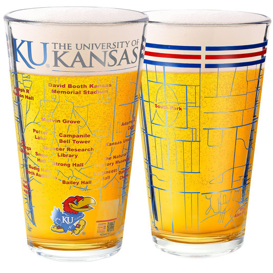 University of Kansas Pint Glasses - Full Color JayHawks Logo & Campus Map - Kansas JayHawk Gift Idea Grads and Alumni (Set of 2)