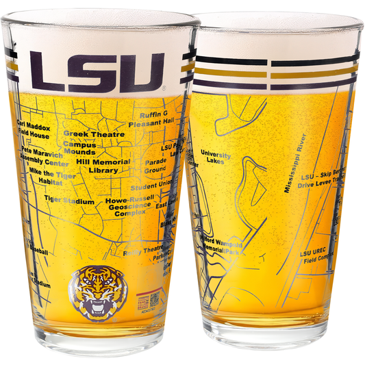 Louisiana State University Pint Glasses - Full Color LSU Logo & Campus Map LSU Tiger Gift Idea College Grads and Alumni (Set of 2)
