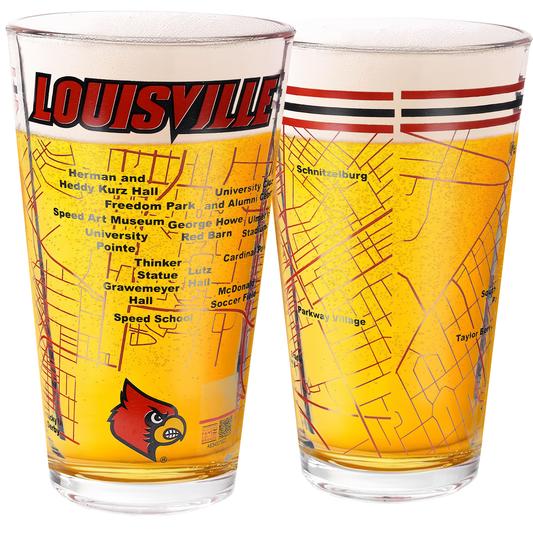 University of Louisville Pint Glasses - Full Color Louisville Cardinals Logo & Campus Map - Gift Idea College Grads and Alumni (Set of 2)