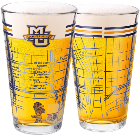Marquette University College Pint Glasses Full Color Marquette Golden Eagles Logo & Campus Map Gift Idea College Grads and Alumni (Set of 2)