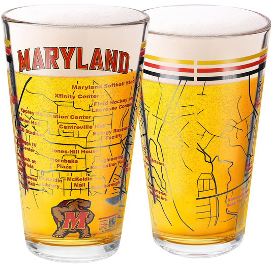 University of Maryland Pint Glasses - Full Color Maryland Terrapins Logo & Campus Map - Gift Idea College Grads and Alumni (Set of 2)