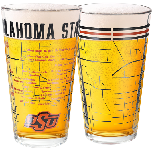 Oklahoma State University Pint Glasses - Full Color OSU Pete Logo & Campus Map Gift Idea College Grads and Alumni (Set of 2)