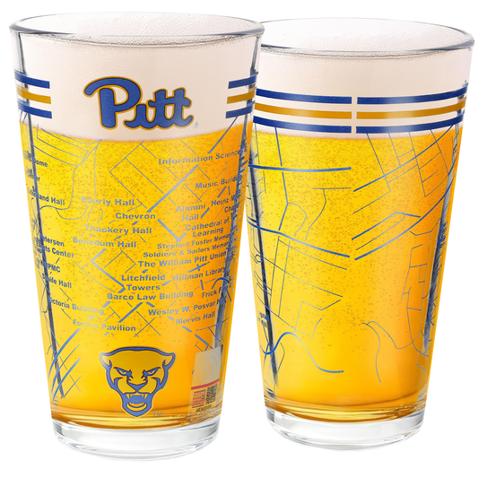University of Pittsburgh Pint Glasses - Full Color Pittsburgh Panthers Logo & Campus Map Panthers Gift College Grads and Alumni (Set of 2)