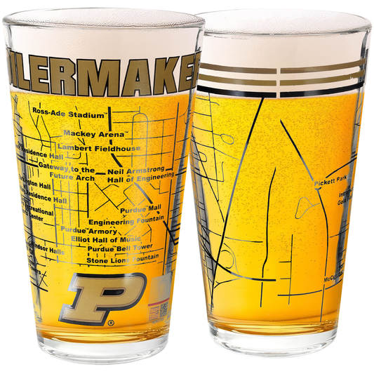 Purdue University Pint Glasses - Full Color Boilermakers Logo and Campus Map Gift Idea for Purdue College Grads and Alumni (Set of 2)