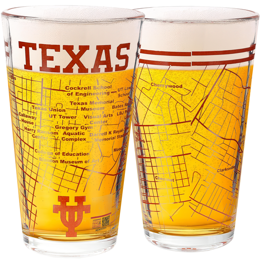 University of Texas Pint Glasses - Contains Full Color Texas Longhorn Logo and Campus Map (Set of 2)