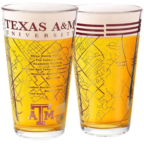 Texas A&M University Pint Glasses - Contains Full Color Texas A and M Logo and Campus Map Aggies Gift Idea College Alumni (Set of 2)