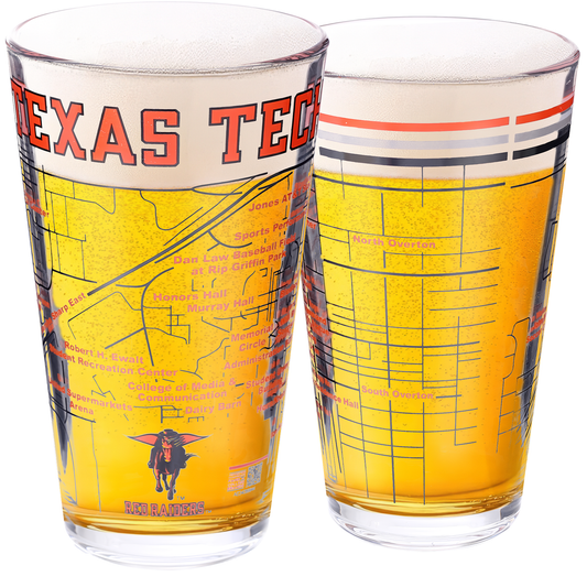 Texas Tech University Pint Glasses - Full Color Raider Red Logo & Campus Map Gift Idea Texas Tech College Grads and Alumni (Set of 2)