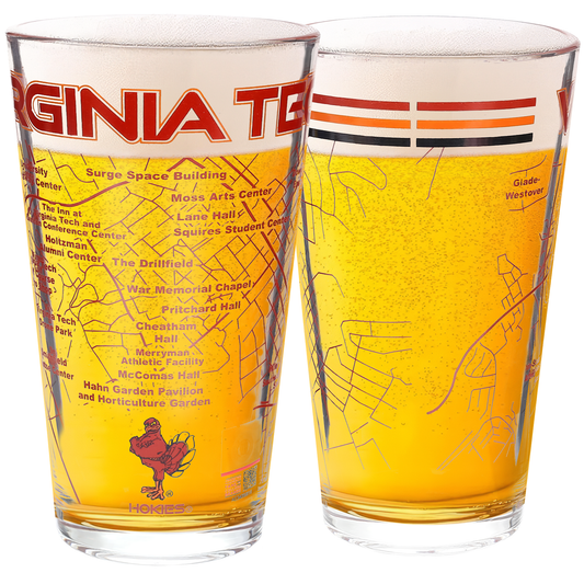 University of Virginia Tech Pint Glass Full Color Hokie Bird Logo & Campus Map Gift Idea for College Grads and Alumni (Set of 2)