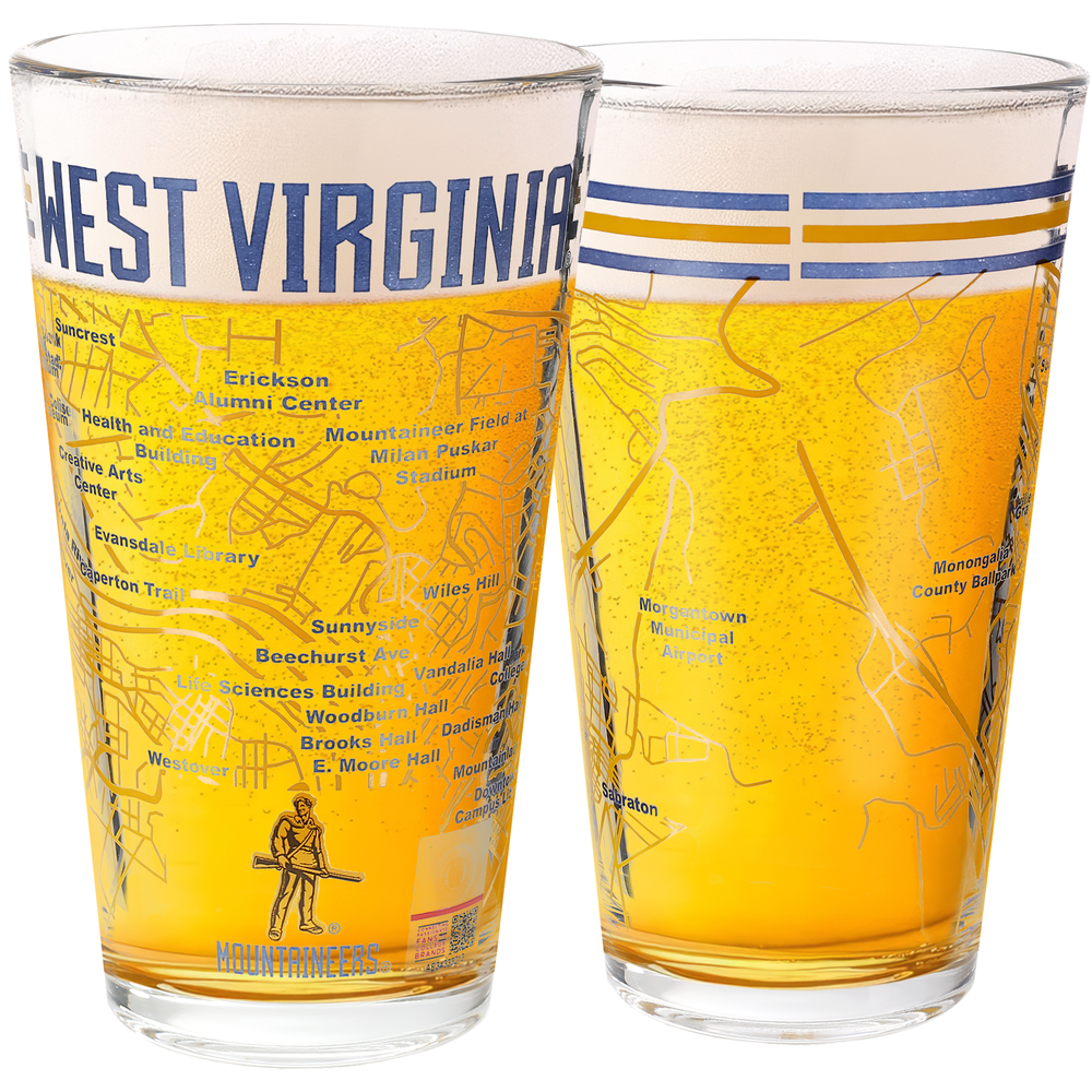 West Virginia University Pint Glasses Contains Full Color West Virginia Mountaineers Logo & Campus Map College Grads and Alumni (Set of 2)