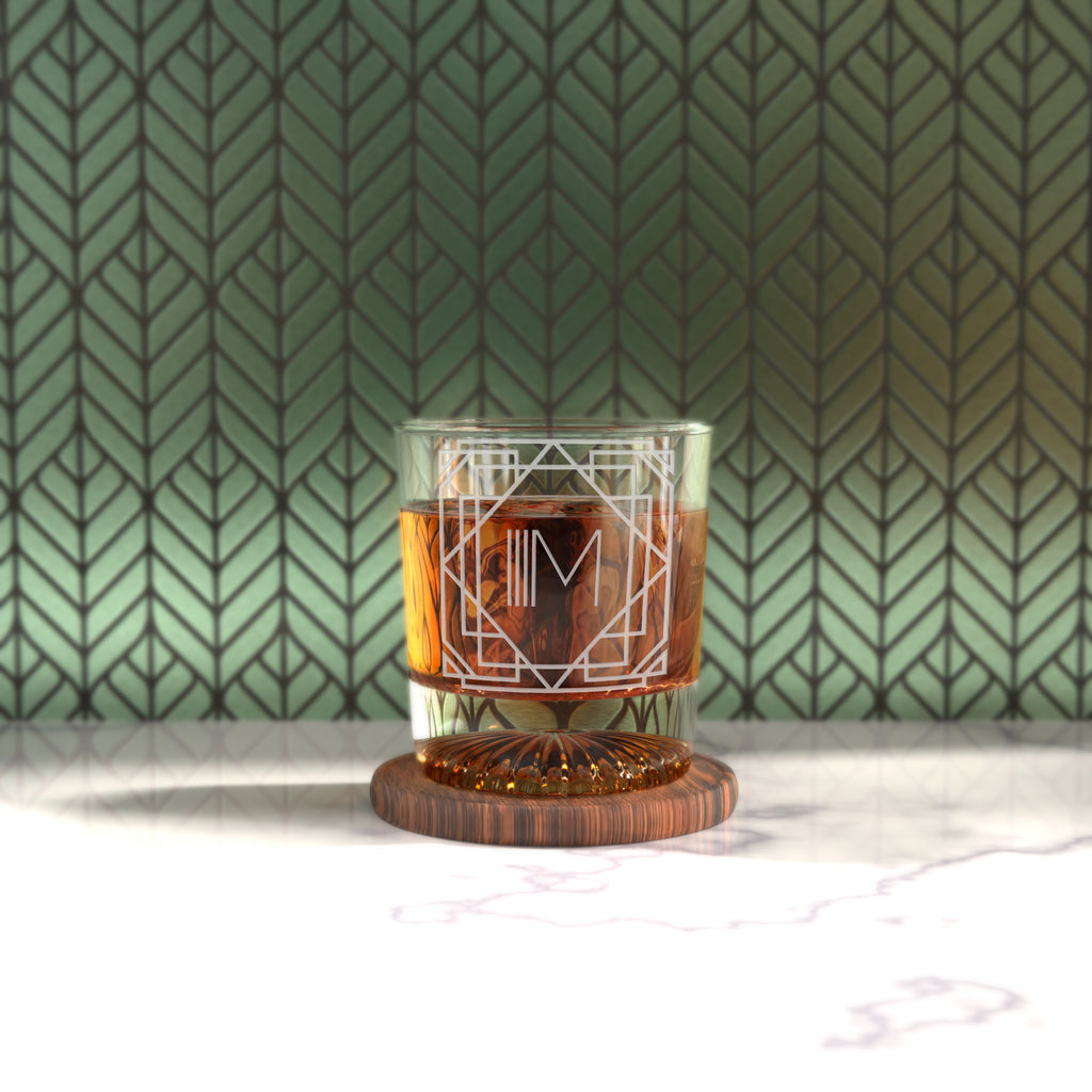 Letter M Monogram Art Deco Etched Whiskey Glasses - Set of 4