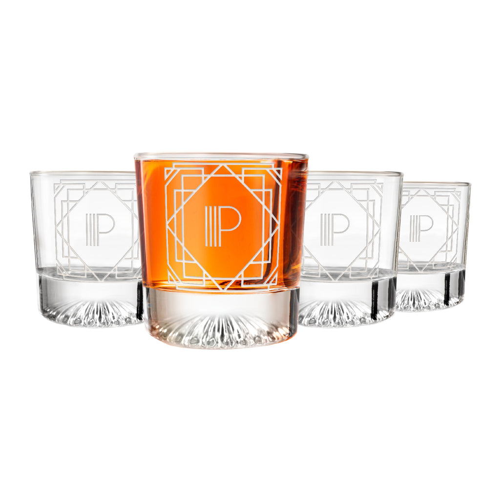 Letter P Monogram Art Deco Etched Whiskey Glasses - Set of 4