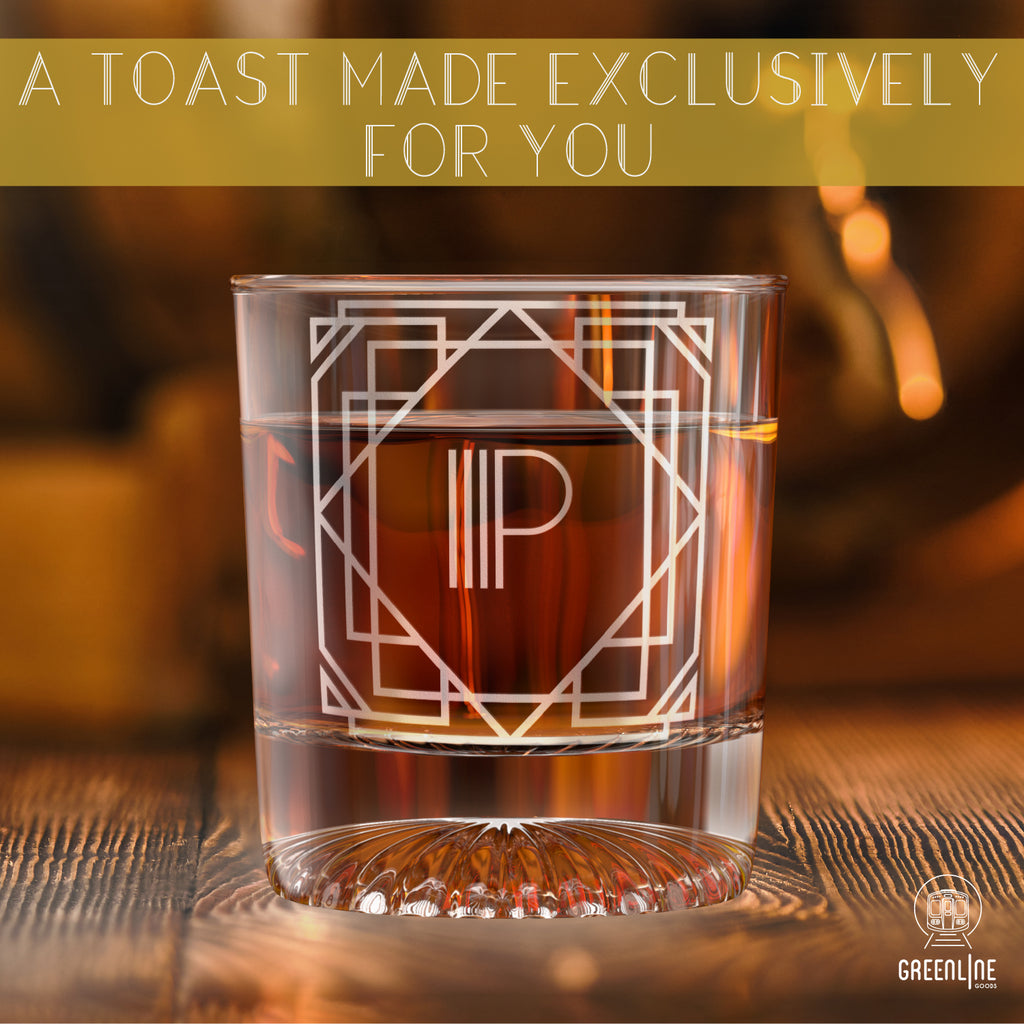 Letter P Monogram Art Deco Etched Whiskey Glasses - Set of 4