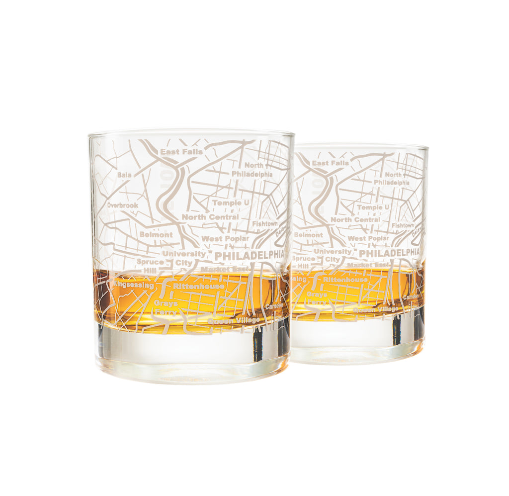 Philadelphia Etched Street Grid Whiskey Glasses