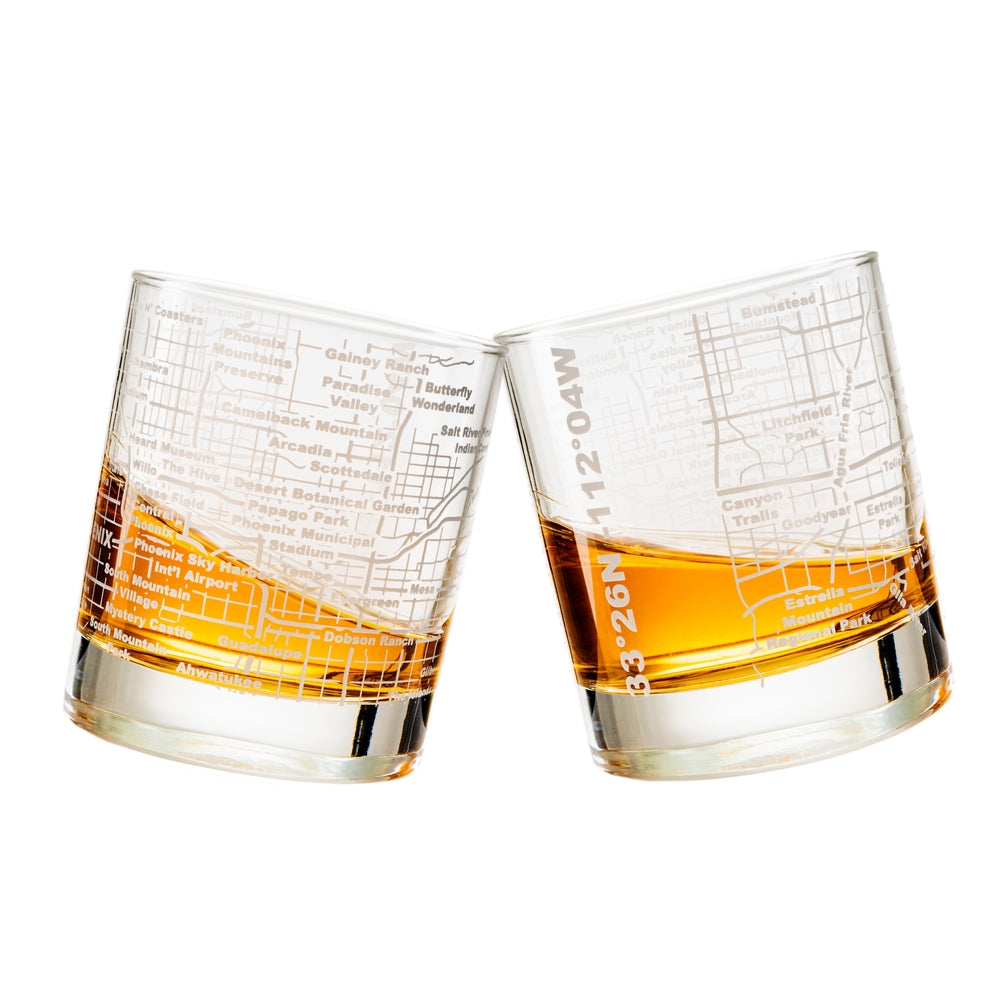 Phoenix City Etched Street Grid Whiskey Glasses