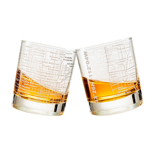 Phoenix City Etched Street Grid Whiskey Glasses