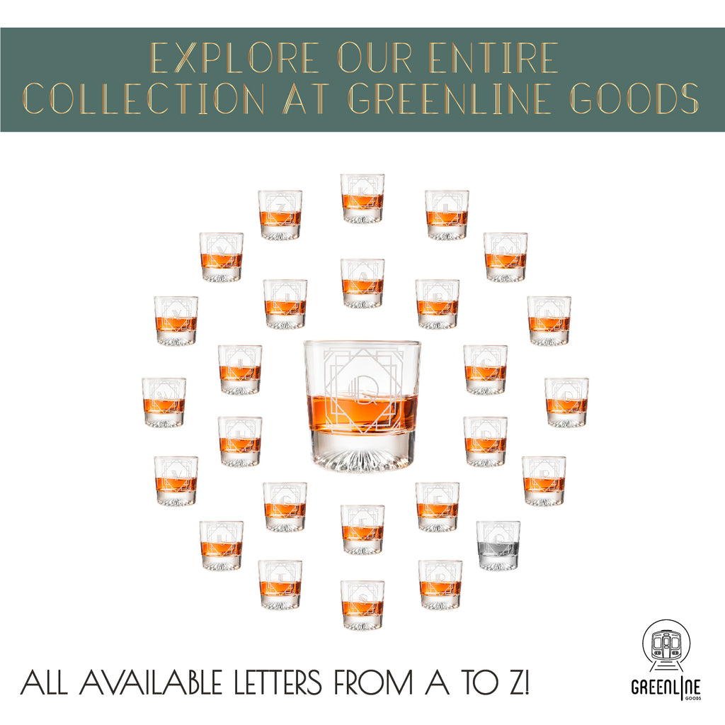 Letter Q Monogram Art Deco Etched Whiskey Glasses - Set of 4