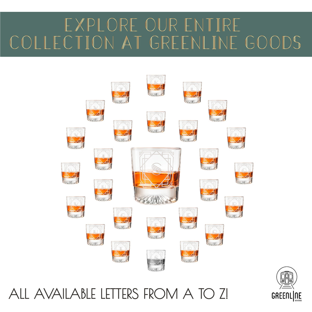 Letter S Monogram Art Deco Etched Whiskey Glasses - Set of 4