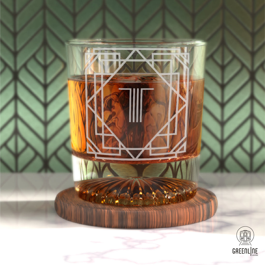 Letter T Monogram Art Deco Etched Whiskey Glasses - Set of 4