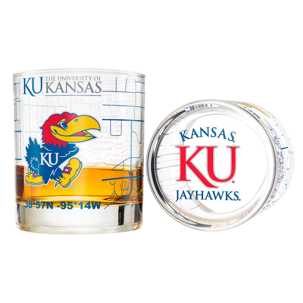 University Of Kansas Whiskey Glass Set (2 Low Ball Glasses)