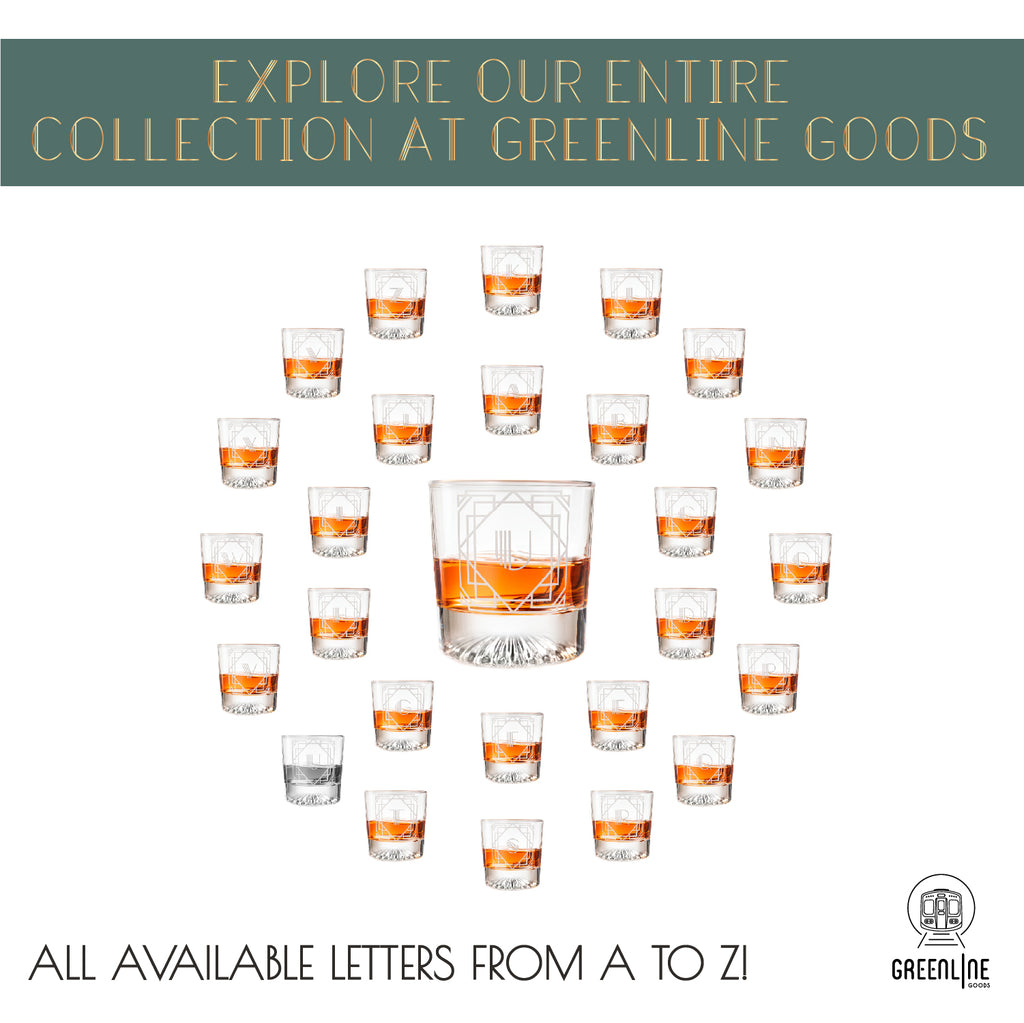 Letter U Monogram Art Deco Etched Whiskey Glasses - Set of 4