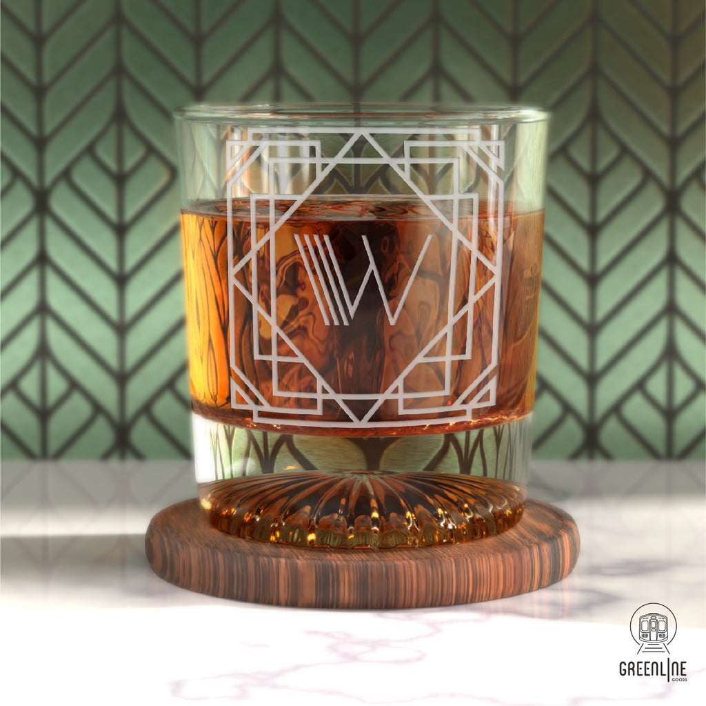 Letter W Monogram Art Deco Etched Whiskey Glasses - Set of 4
