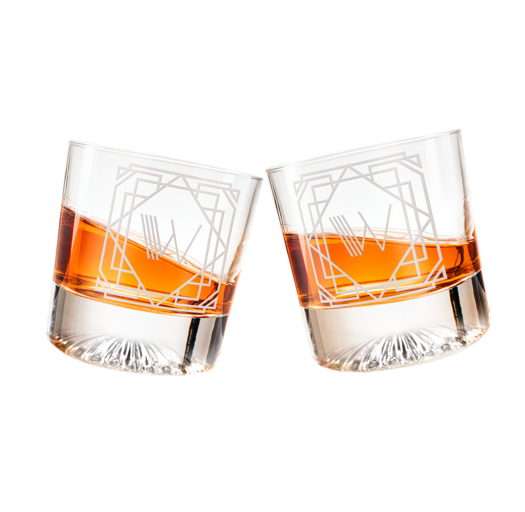 Letter W Monogram Art Deco Etched Whiskey Glasses - Set of 4