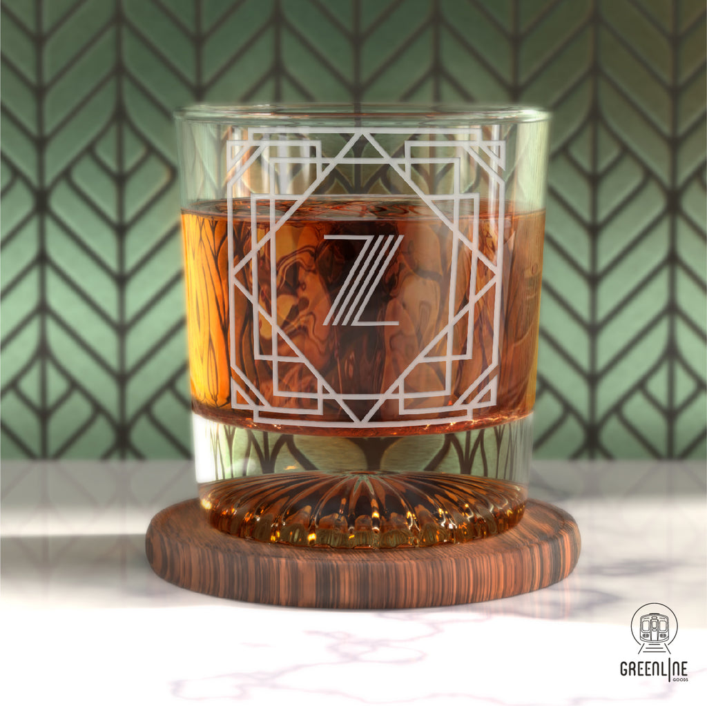 Letter Z Monogram Art Deco Etched Whiskey Glasses - Set of 4