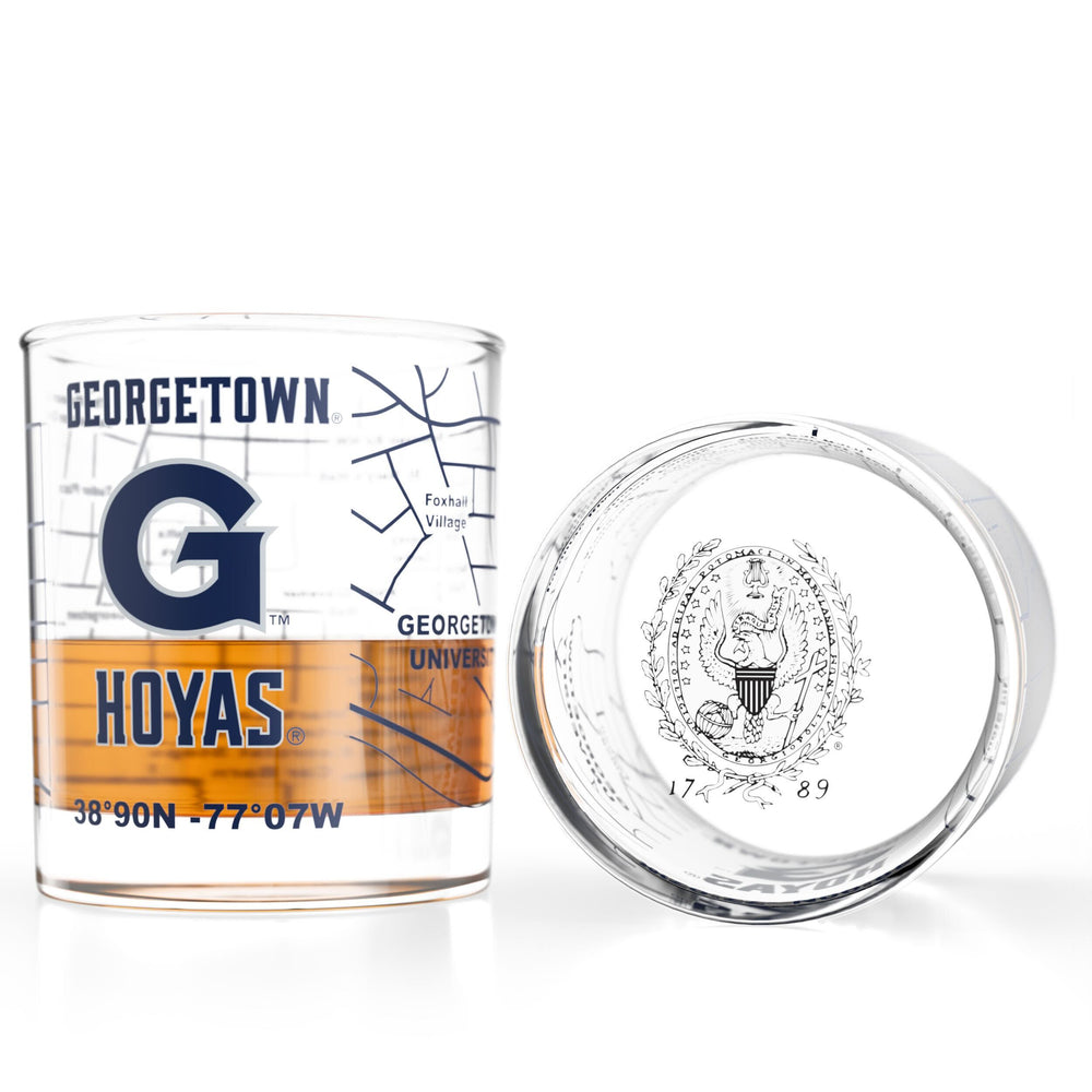 University of Georgetown Hoyas College Whiskey Glasses (Set of 2), 10 oz – Full-Color Logo + Campus Map