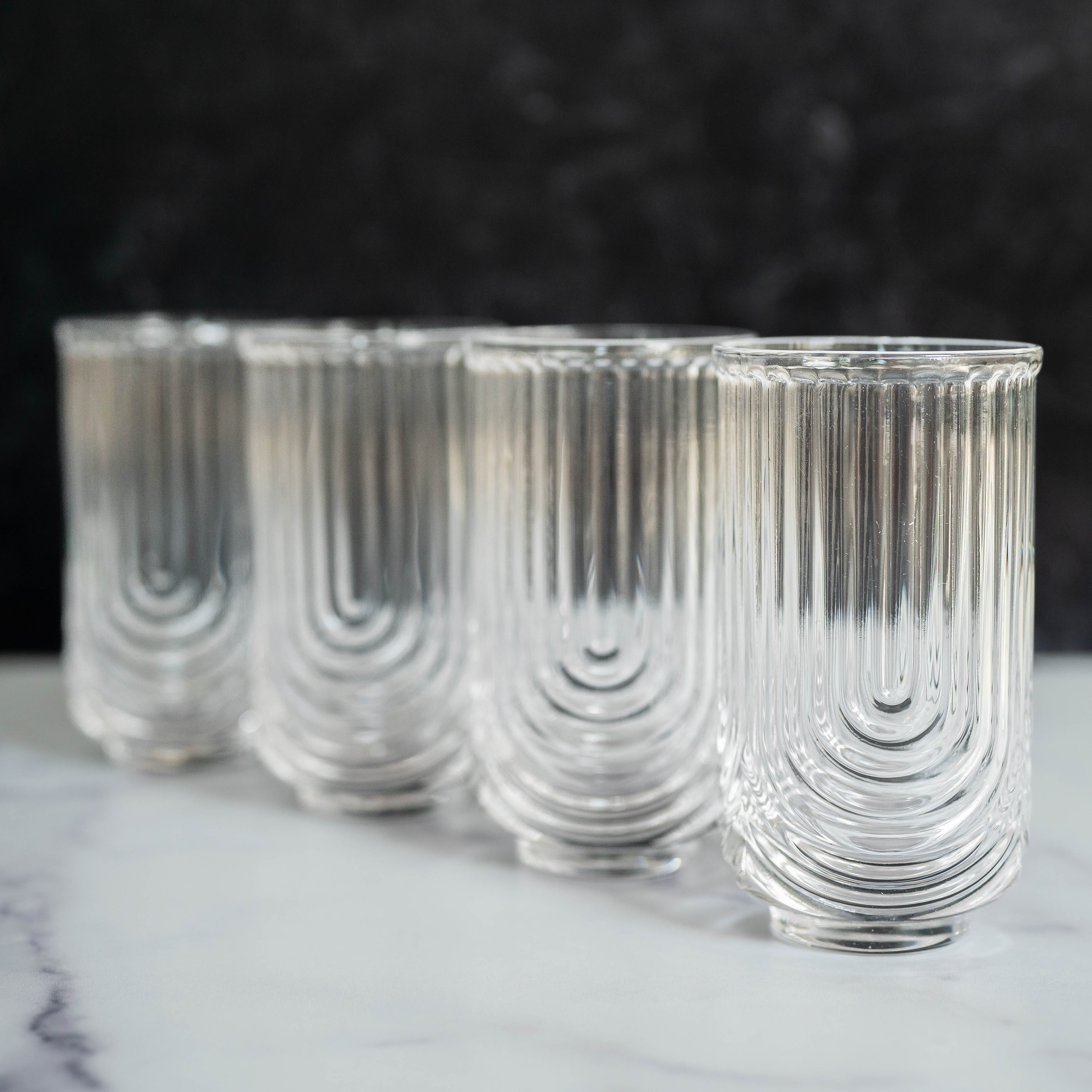Ripple Ribbed Art Deco Highball Drinking Glasses 13oz - Set of 4