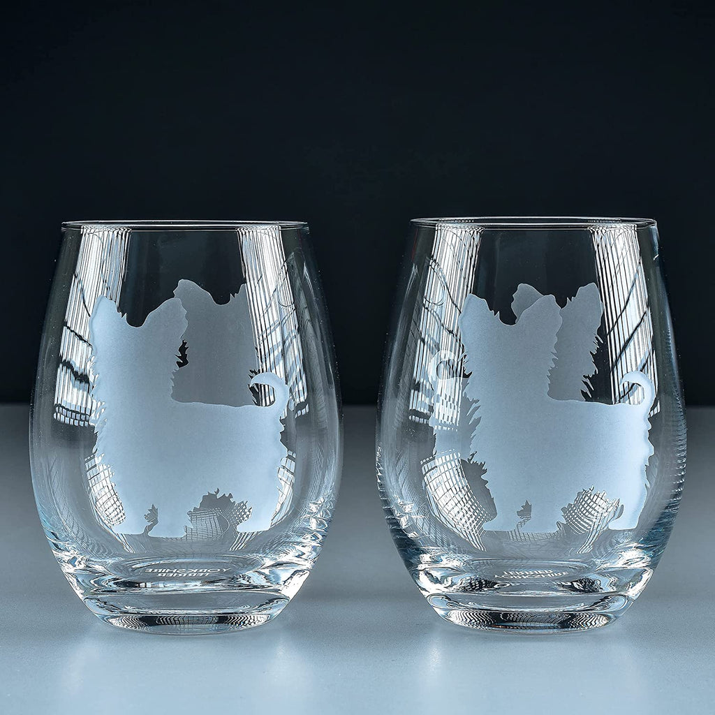 Yorkshire Terrier Etched Stemless Wine Glasses