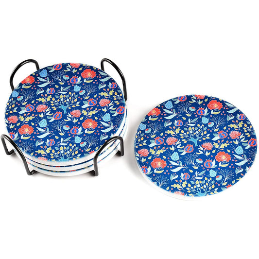 Navy Floral Ceramic Coasters with Metal Stand (Set of 4)