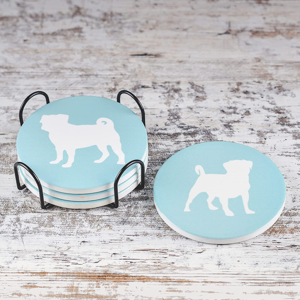 Pug Ceramic Coasters with Metal Stand (Set of 4)