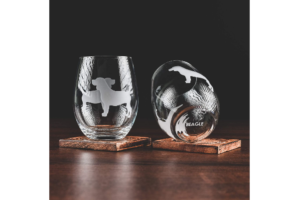 Beagle Etched Stemless Wine Glasses