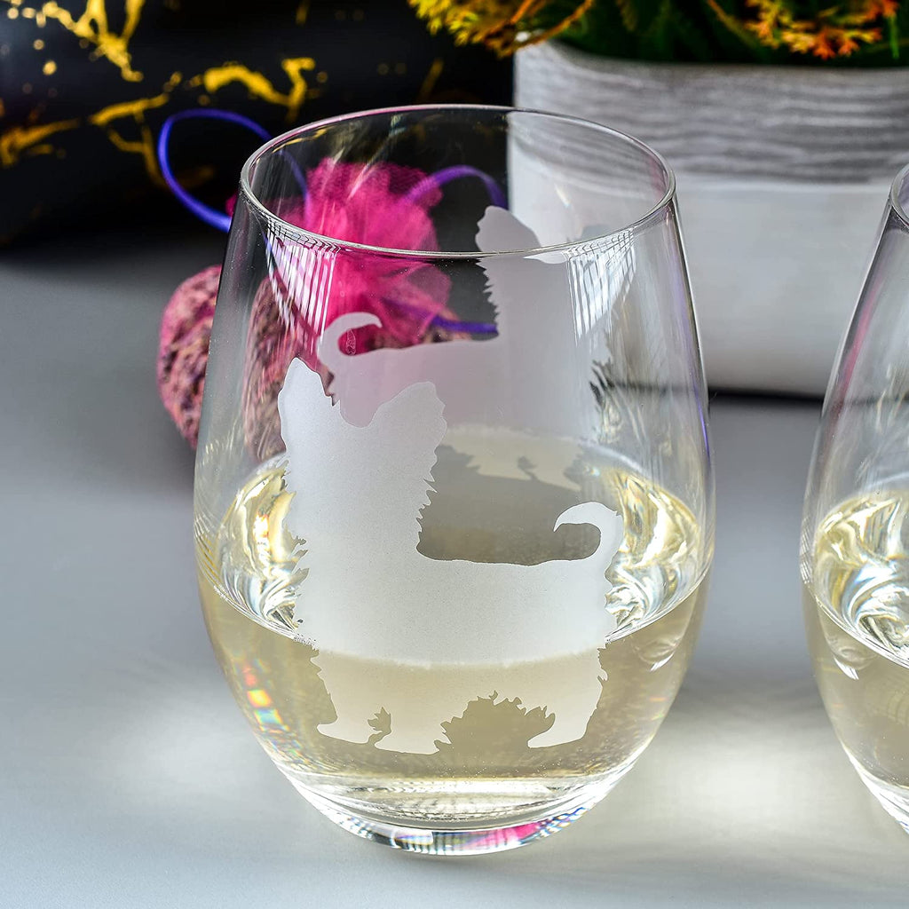 Yorkshire Terrier Etched Stemless Wine Glasses