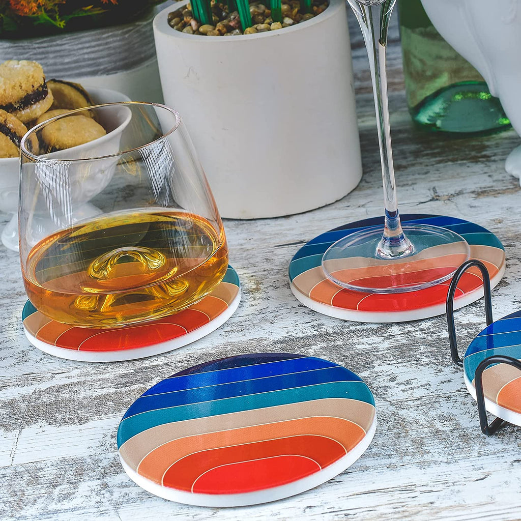 Rainbow Ceramic Coasters with Metal Stand (Set of 4)