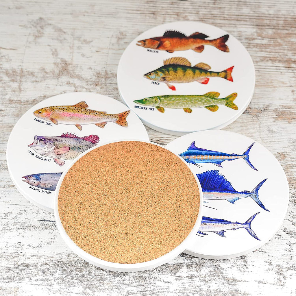 Fishing Ceramic Coasters with Metal Stand (Set of 4)